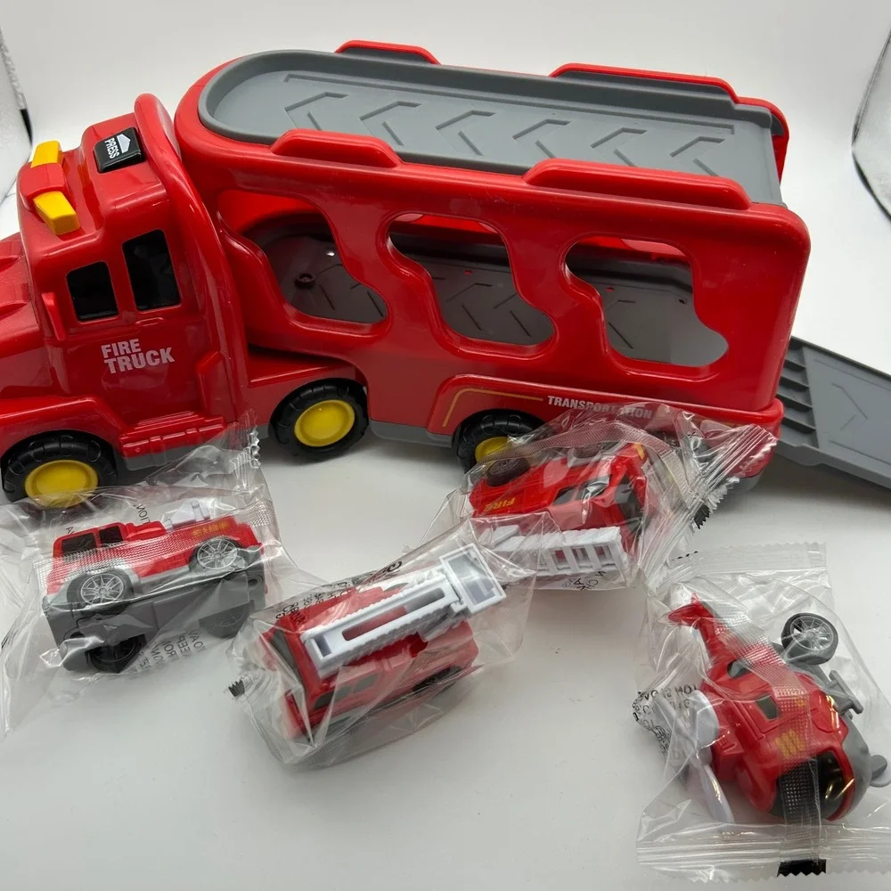 iHaHa Fire Truck Pull Back Car Series Toy Transporter Truck with 4 Mini Fire Veh